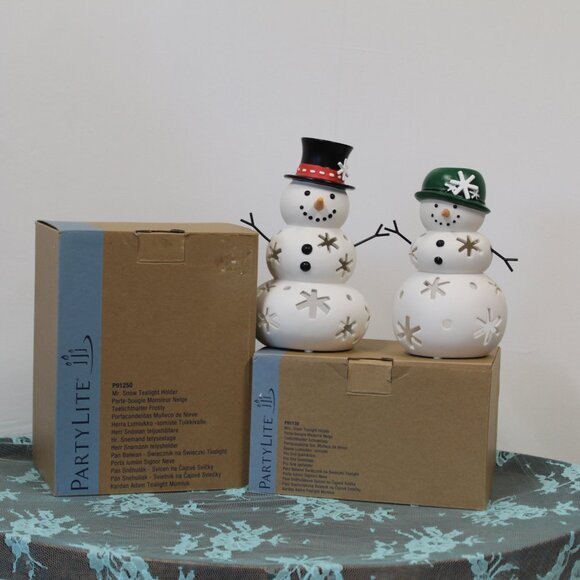 VTG Partylite Mr. Snow/Mrs. Snow Tealight Holders (P91250)(P91130)Retired - Picture 1 of 8